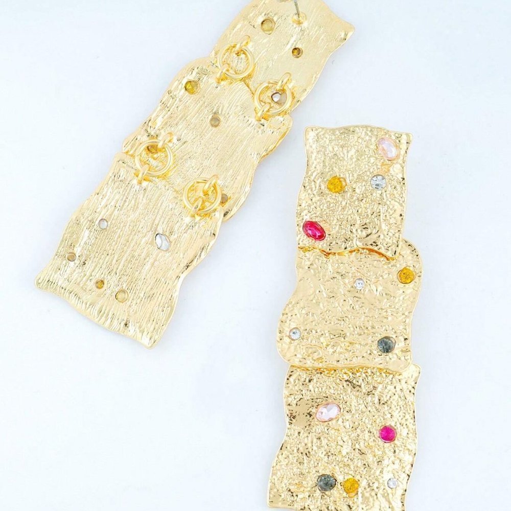 Gold Womens Vintage Rhinestone Decor Textured Drop Earrings - Picture 2 of 3